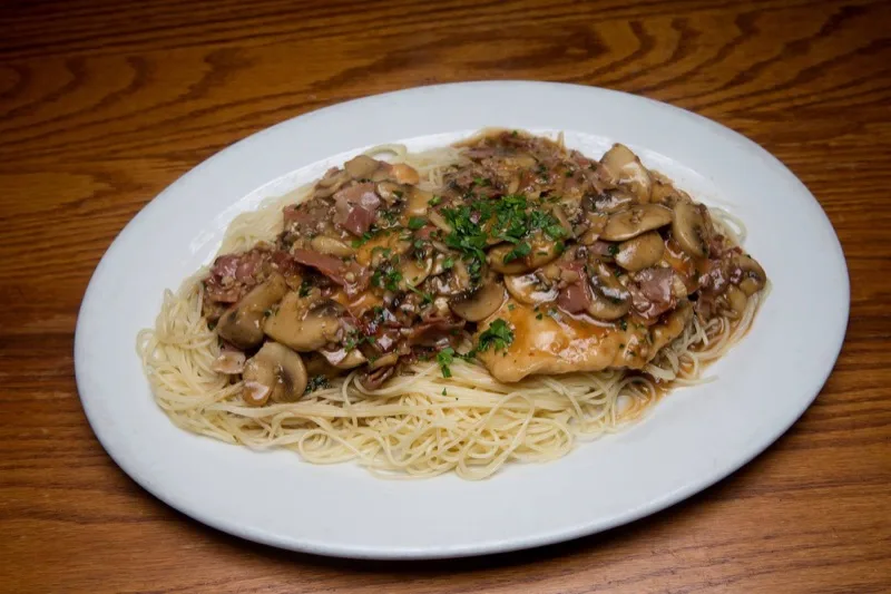 Chicken Marsala over angel hair pasta